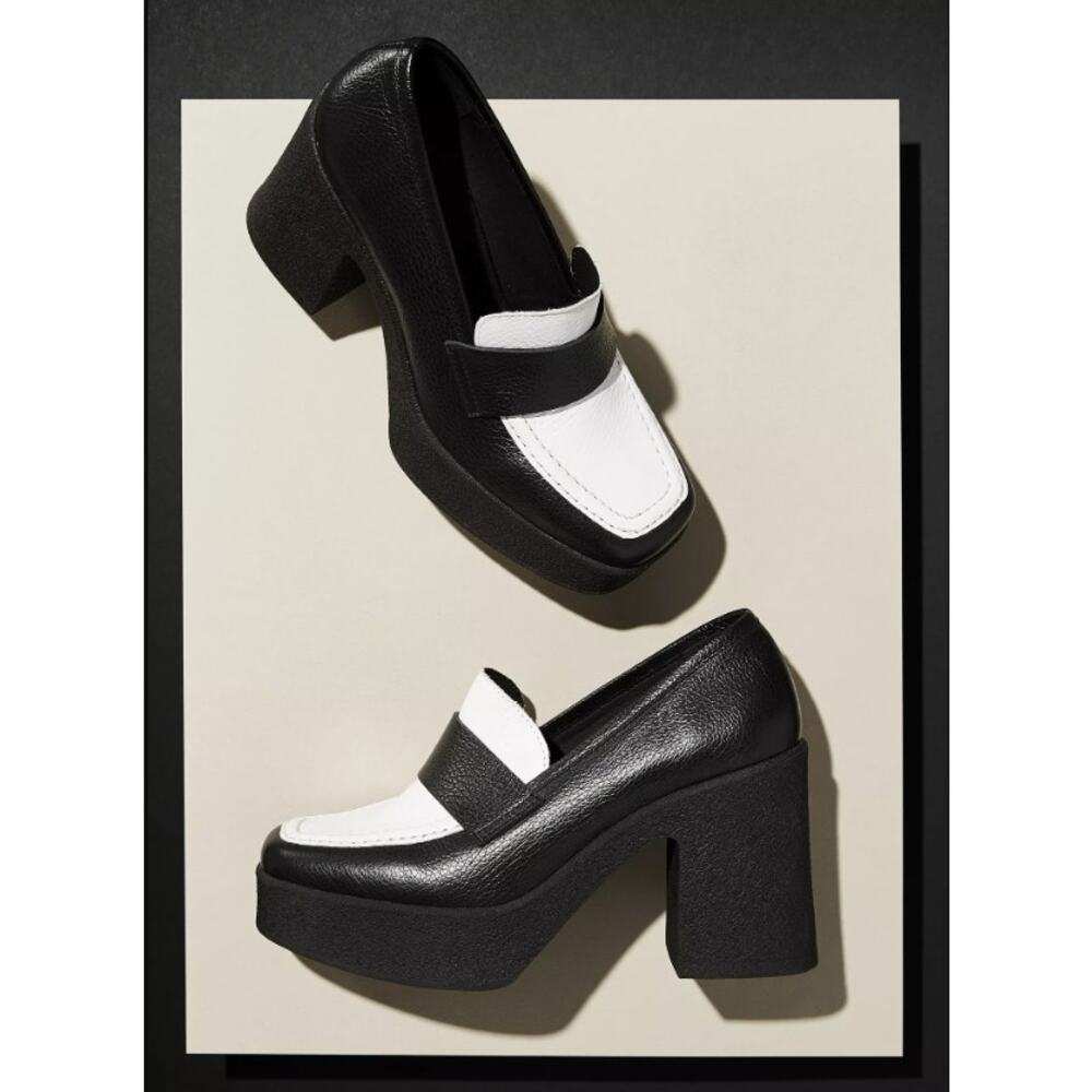 Intentionally Blank Platform Loafers Black White Leather Heels Size: 37 | 6.5